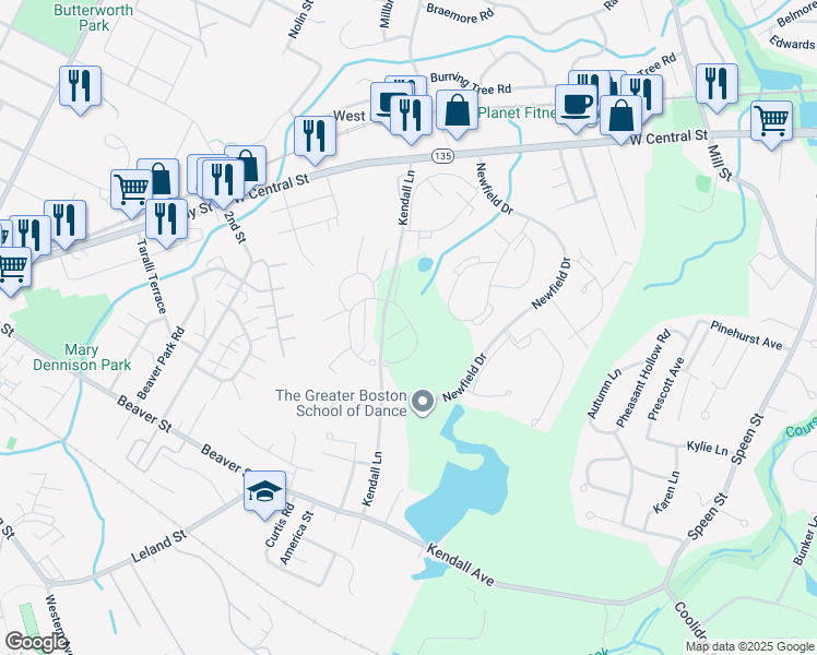 map of restaurants, bars, coffee shops, grocery stores, and more near 44 Village Brook Lane in Natick