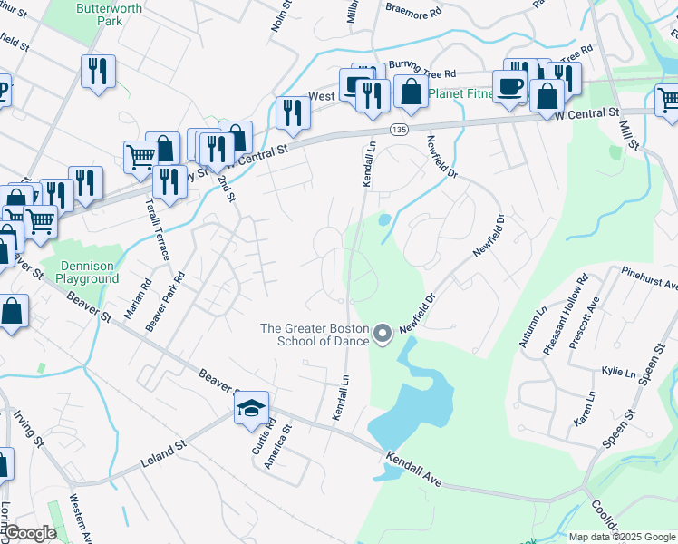 map of restaurants, bars, coffee shops, grocery stores, and more near 2 Village Hill Lane in Natick