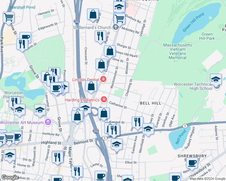 map of restaurants, bars, coffee shops, grocery stores, and more near 21 Westminster Street in Worcester