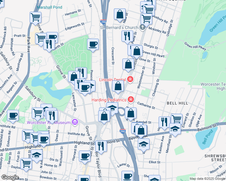 map of restaurants, bars, coffee shops, grocery stores, and more near 3 Frederick Street in Worcester