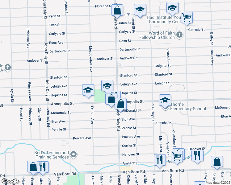 map of restaurants, bars, coffee shops, grocery stores, and more near 25835 Lehigh Street in Inkster