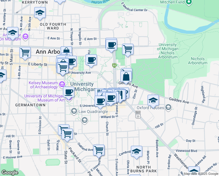 map of restaurants, bars, coffee shops, grocery stores, and more near 400 Church Street in Ann Arbor