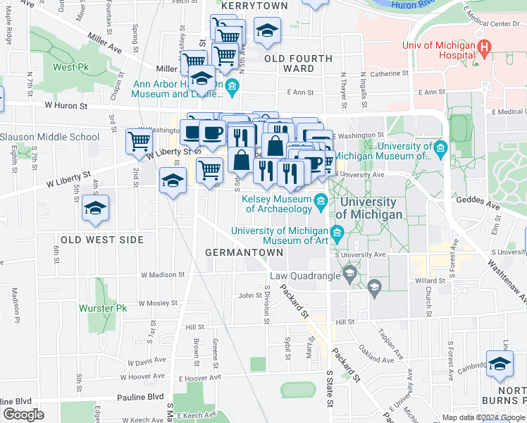 map of restaurants, bars, coffee shops, grocery stores, and more near 407 Hamilton Place in Ann Arbor