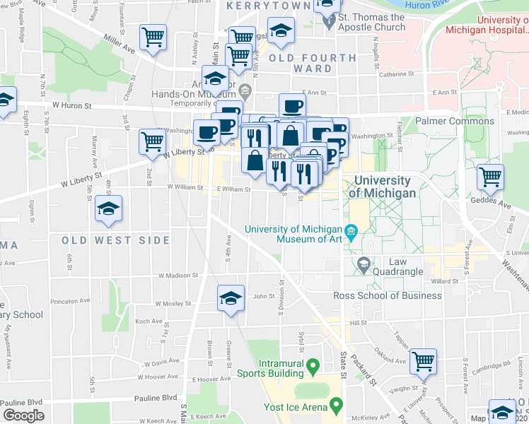 map of restaurants, bars, coffee shops, grocery stores, and more near 407 Hamilton Place in Ann Arbor