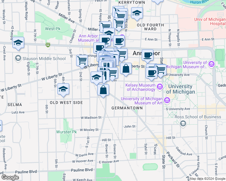 map of restaurants, bars, coffee shops, grocery stores, and more near 408 South 4th Avenue in Ann Arbor