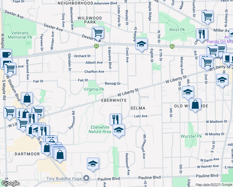 map of restaurants, bars, coffee shops, grocery stores, and more near 1400 West Liberty Street in Ann Arbor