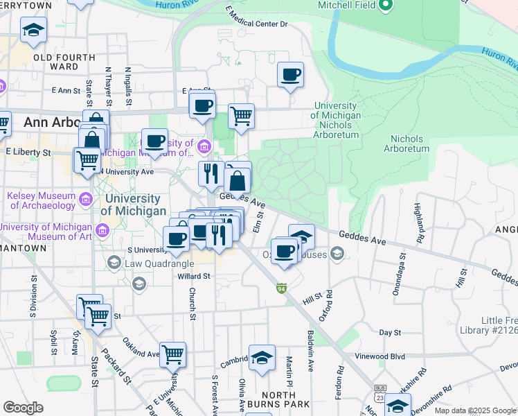map of restaurants, bars, coffee shops, grocery stores, and more near 502 Elm Street in Ann Arbor