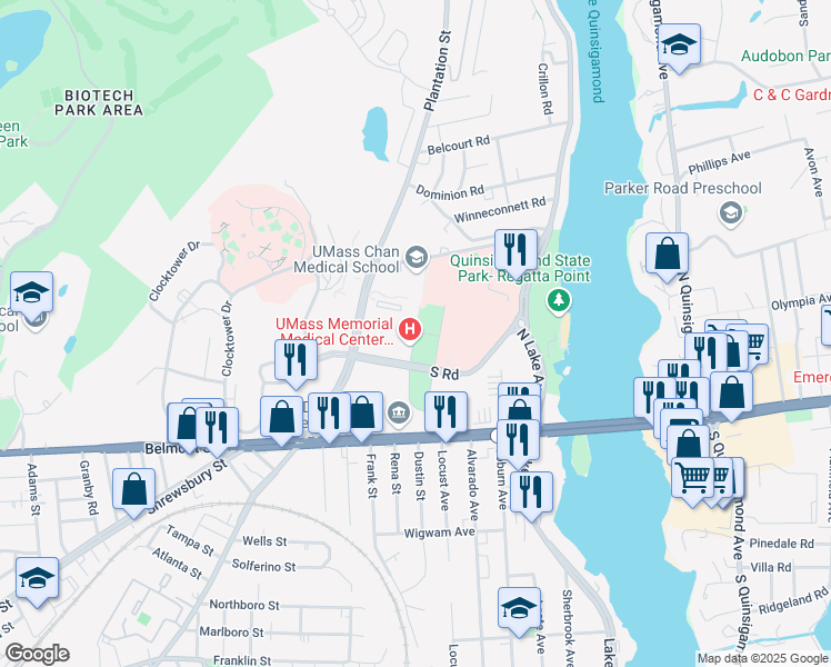 map of restaurants, bars, coffee shops, grocery stores, and more near 1st Road in Worcester