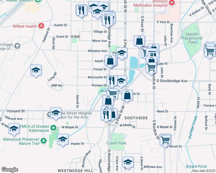map of restaurants, bars, coffee shops, grocery stores, and more near 1410 South Westnedge Avenue in Kalamazoo