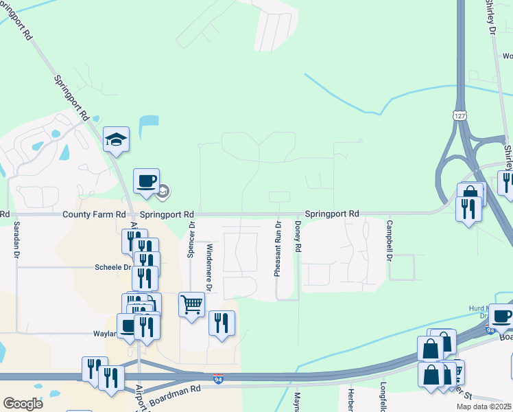 map of restaurants, bars, coffee shops, grocery stores, and more near 2530 Springport Road in Jackson
