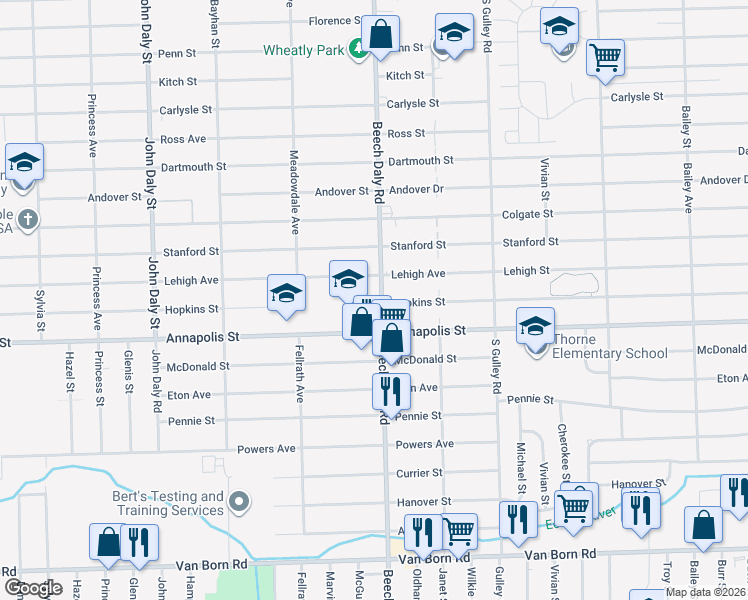 map of restaurants, bars, coffee shops, grocery stores, and more near 25835 Lehigh Street in Inkster