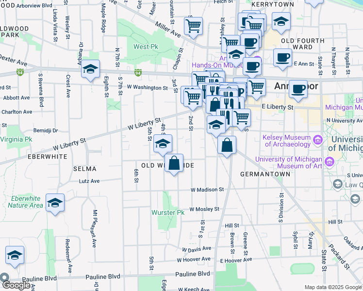 map of restaurants, bars, coffee shops, grocery stores, and more near 414 2nd Street in Ann Arbor