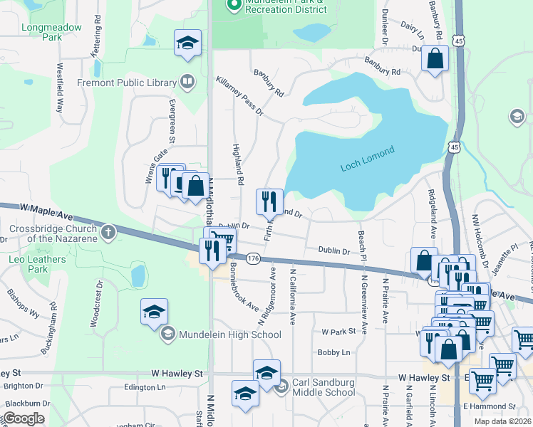 map of restaurants, bars, coffee shops, grocery stores, and more near 933 Lomond Drive in Mundelein