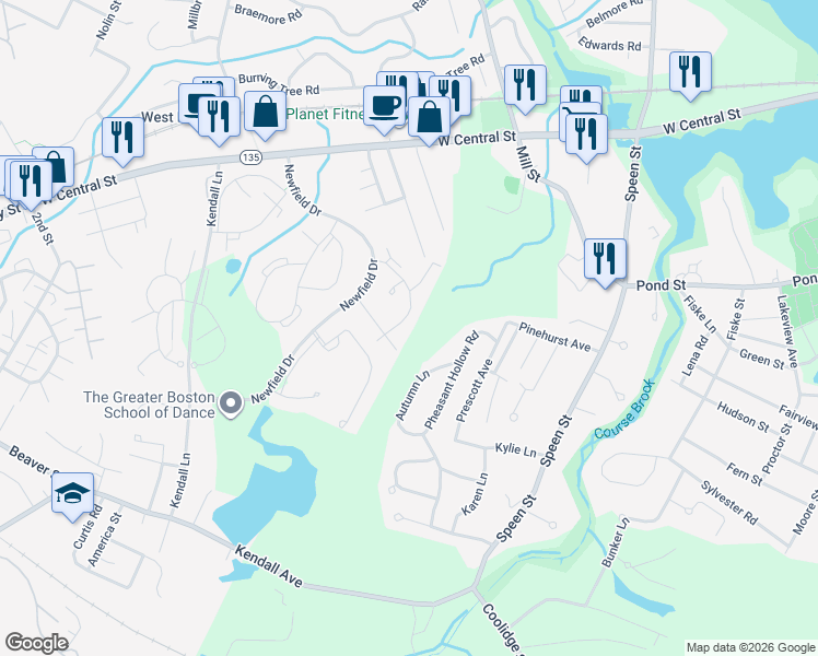map of restaurants, bars, coffee shops, grocery stores, and more near 11 Silver Hill Lane in Natick