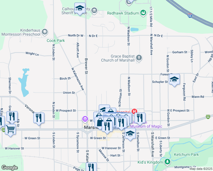 map of restaurants, bars, coffee shops, grocery stores, and more near 410 North Eagle Street in Marshall