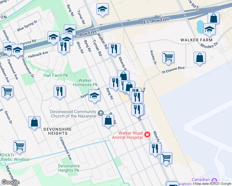 map of restaurants, bars, coffee shops, grocery stores, and more near 3349 Turner Road in Windsor