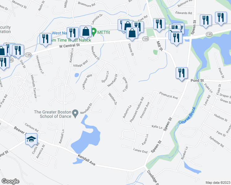 map of restaurants, bars, coffee shops, grocery stores, and more near 5 Post Oak Lane in Natick