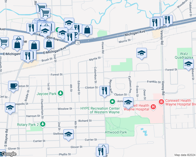 map of restaurants, bars, coffee shops, grocery stores, and more near 4173 Columbus Street in Wayne