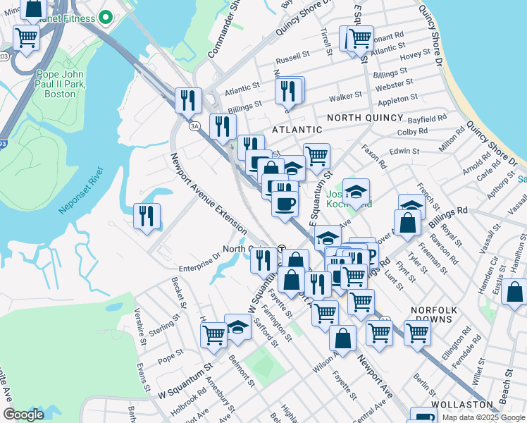 map of restaurants, bars, coffee shops, grocery stores, and more near in Quincy