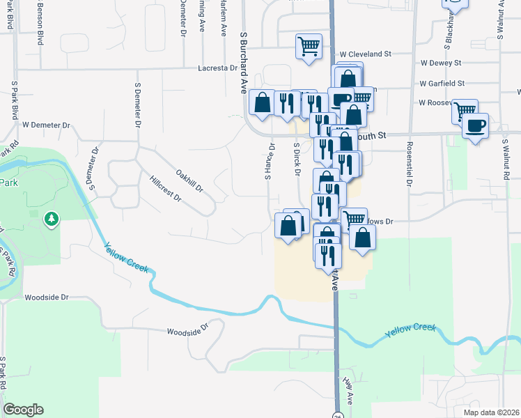 map of restaurants, bars, coffee shops, grocery stores, and more near 1757 South Hance Drive in Freeport