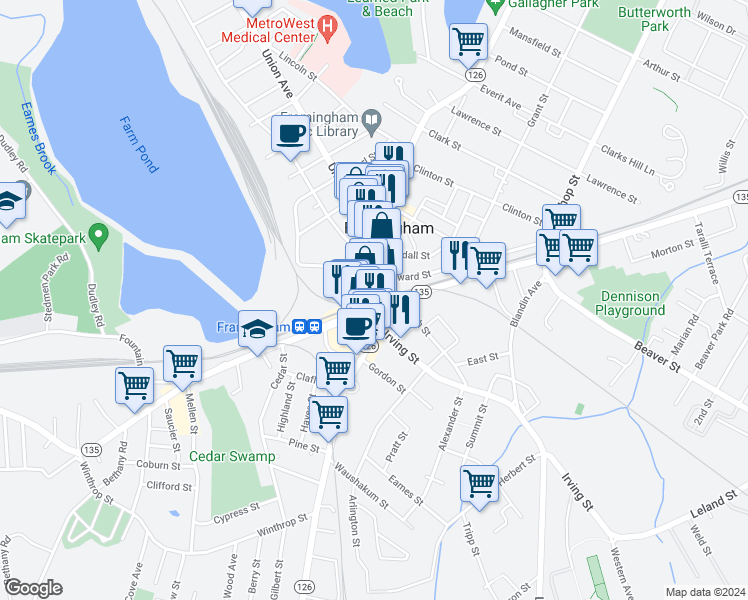 map of restaurants, bars, coffee shops, grocery stores, and more near 4 Concord Street in Framingham