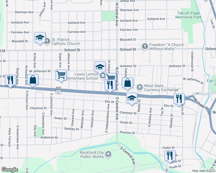 map of restaurants, bars, coffee shops, grocery stores, and more near 118 North Independence Avenue in Rockford