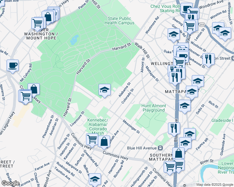 map of restaurants, bars, coffee shops, grocery stores, and more near 10 Kennebec Street in Boston