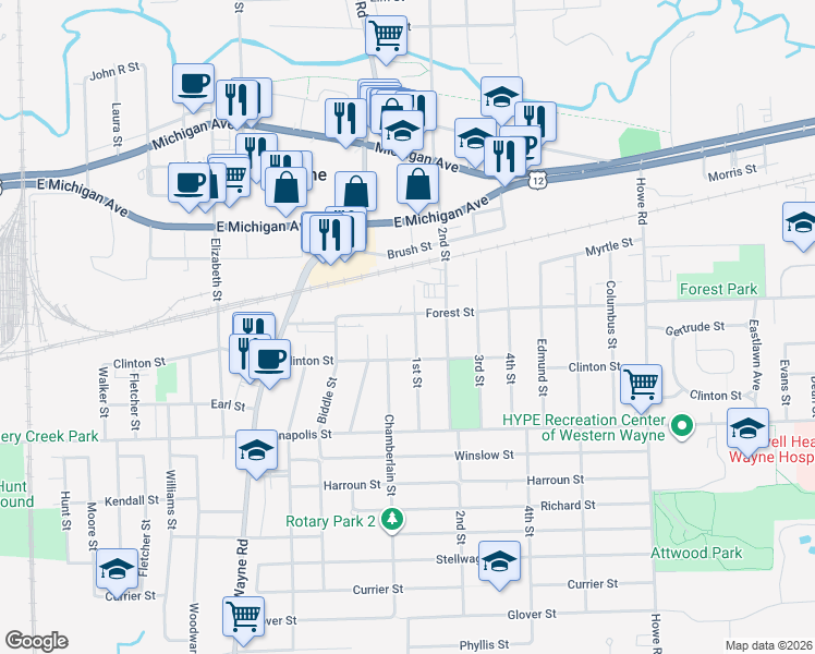 map of restaurants, bars, coffee shops, grocery stores, and more near 4114 1st Street in Wayne