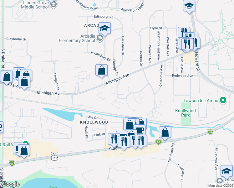 map of restaurants, bars, coffee shops, grocery stores, and more near Kenbrooke Court in Kalamazoo