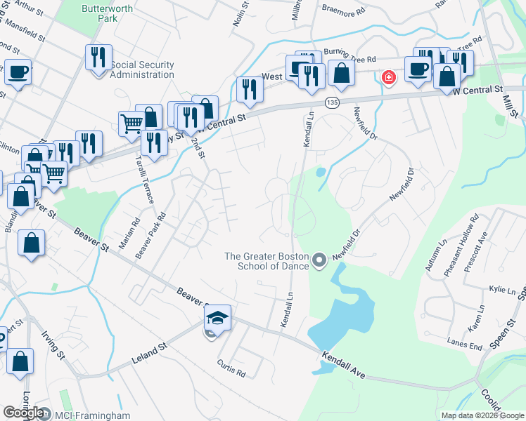 map of restaurants, bars, coffee shops, grocery stores, and more near 23 Village Rock Lane in Natick