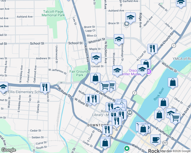 map of restaurants, bars, coffee shops, grocery stores, and more near 426 North Horsman Street in Rockford