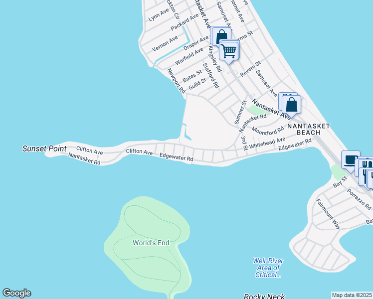 map of restaurants, bars, coffee shops, grocery stores, and more near 149 Nantasket Road in Hull