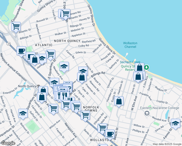 map of restaurants, bars, coffee shops, grocery stores, and more near 56 French Street in Quincy