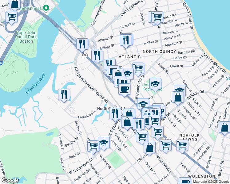 map of restaurants, bars, coffee shops, grocery stores, and more near in Quincy