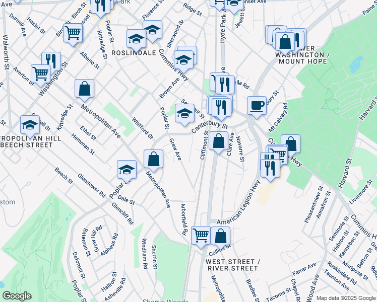map of restaurants, bars, coffee shops, grocery stores, and more near 26 Grew Avenue in Boston