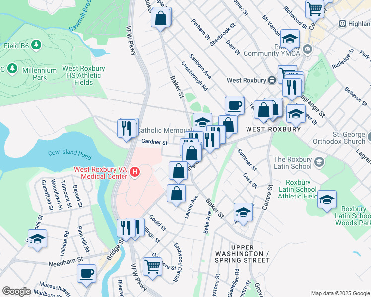map of restaurants, bars, coffee shops, grocery stores, and more near 7 Dunwell Street in Boston
