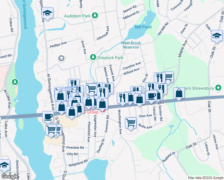 map of restaurants, bars, coffee shops, grocery stores, and more near 5 Whitney Street in Shrewsbury
