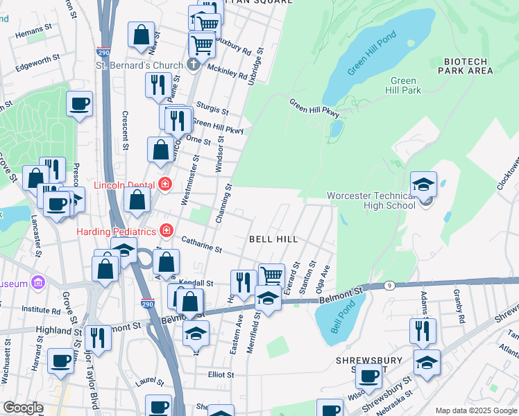 map of restaurants, bars, coffee shops, grocery stores, and more near 10 Hermitage Lane in Worcester