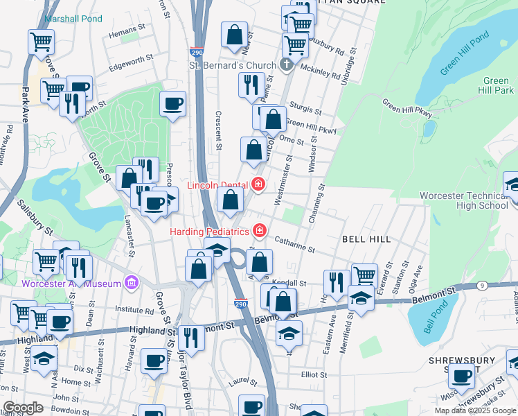 map of restaurants, bars, coffee shops, grocery stores, and more near 134 Lincoln Street in Worcester