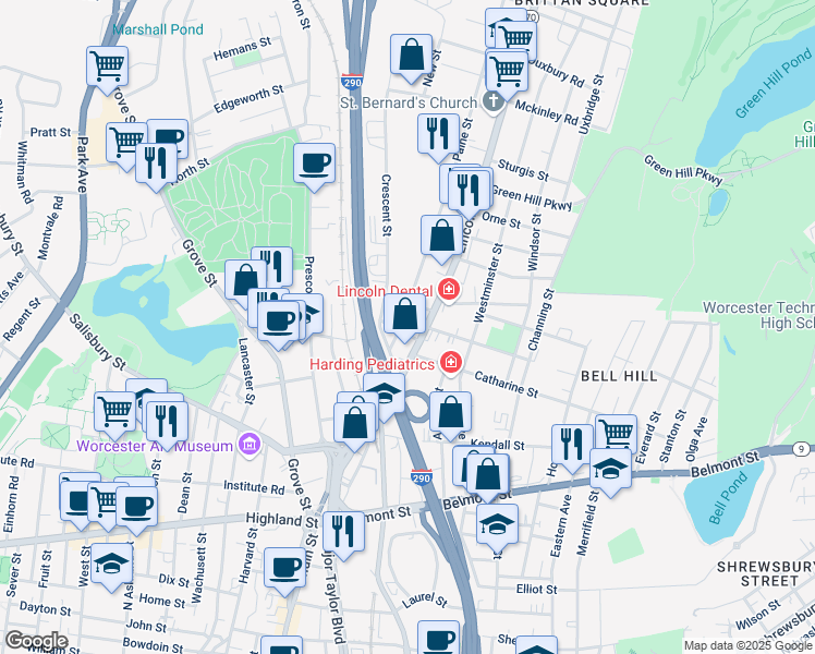 map of restaurants, bars, coffee shops, grocery stores, and more near 3 Frederick Street in Worcester