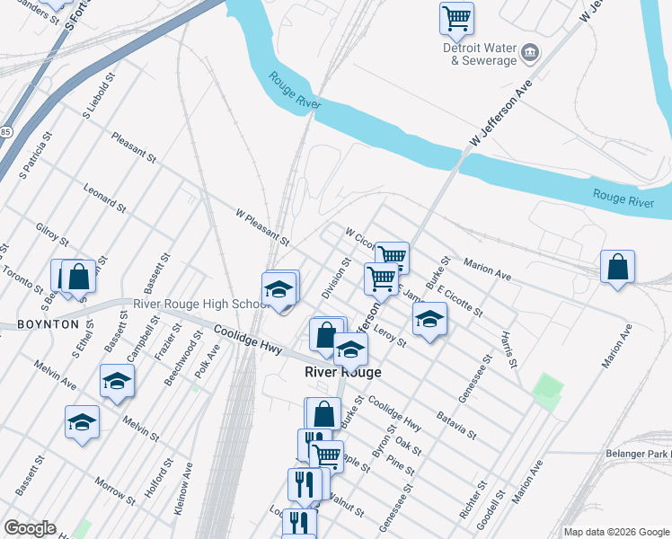 map of restaurants, bars, coffee shops, grocery stores, and more near 125 Charles Street in River Rouge