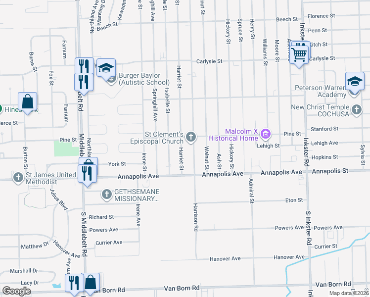 map of restaurants, bars, coffee shops, grocery stores, and more near 4310 Harriet Street in Inkster
