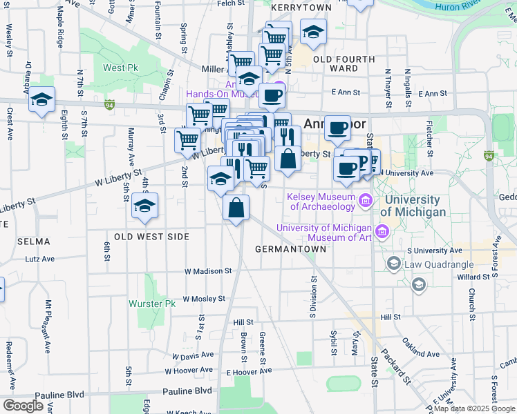 map of restaurants, bars, coffee shops, grocery stores, and more near 408 South 4th Avenue in Ann Arbor