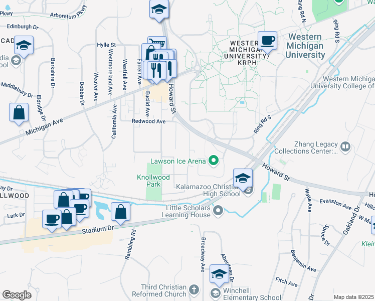 map of restaurants, bars, coffee shops, grocery stores, and more near 1328 Knollwood Avenue in Kalamazoo