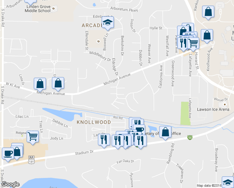 map of restaurants, bars, coffee shops, grocery stores, and more near 3640 Kenbrooke Court in Kalamazoo