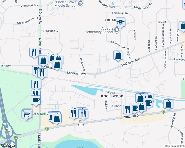 map of restaurants, bars, coffee shops, grocery stores, and more near 4018 West Michigan Avenue in Kalamazoo