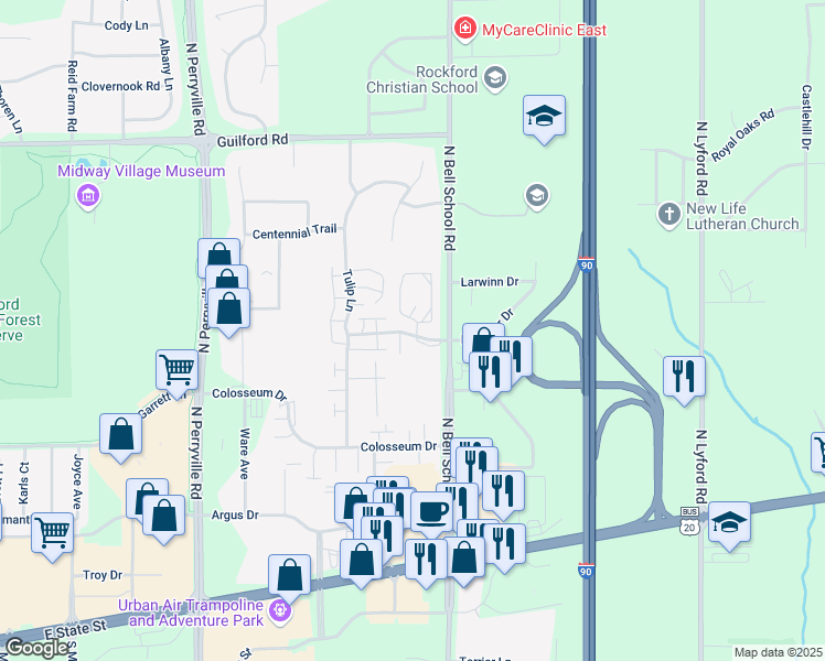 map of restaurants, bars, coffee shops, grocery stores, and more near 931 McKnight Circle in Rockford