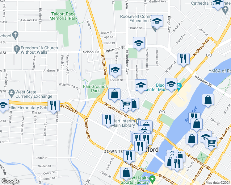 map of restaurants, bars, coffee shops, grocery stores, and more near 426 North Horsman Street in Rockford