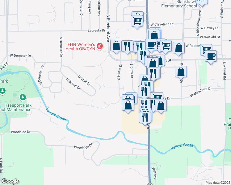 map of restaurants, bars, coffee shops, grocery stores, and more near 1757 South Hance Drive in Freeport