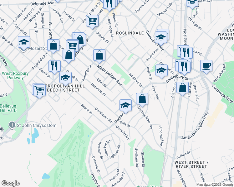 map of restaurants, bars, coffee shops, grocery stores, and more near 14 Highfield Terrace in Boston